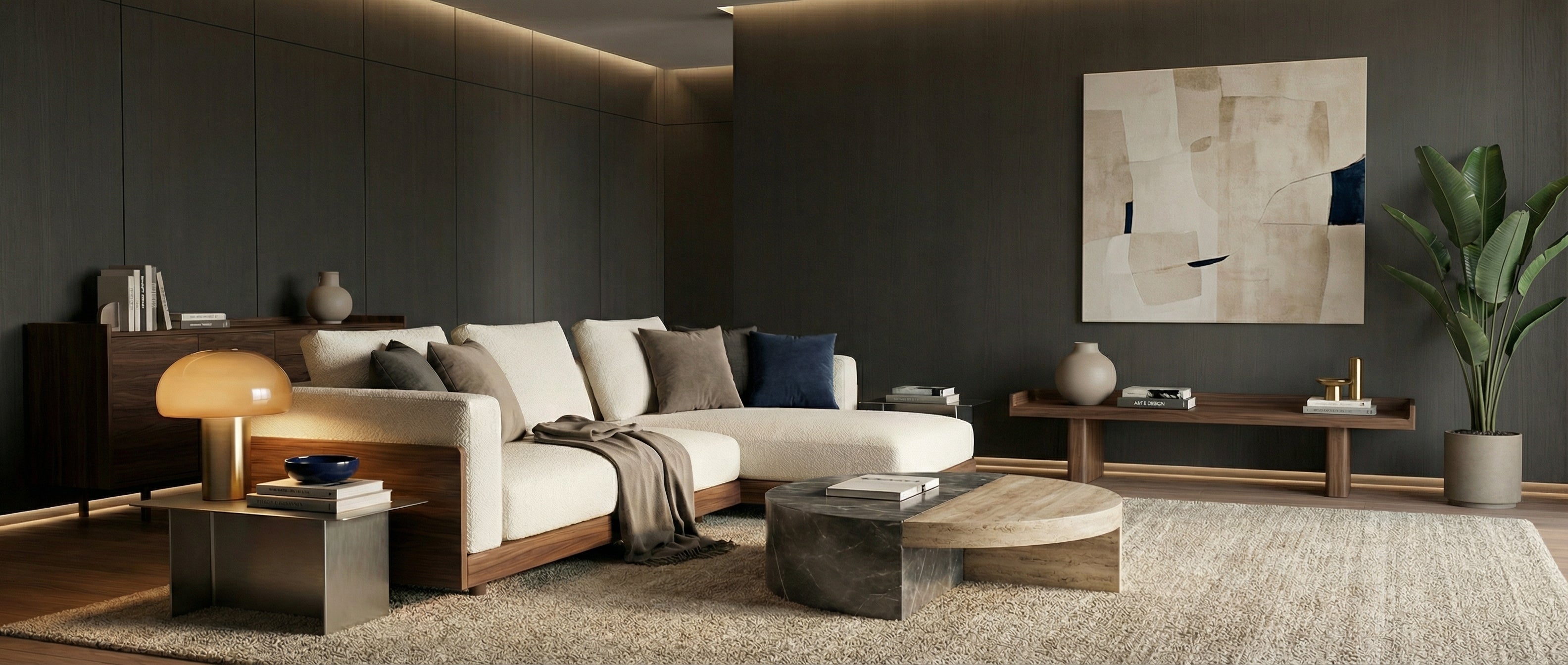 Luminaires design Maison Solenne intégrés dans un salon contemporain élégant et chaleureux, ambiance premium et cocooning.