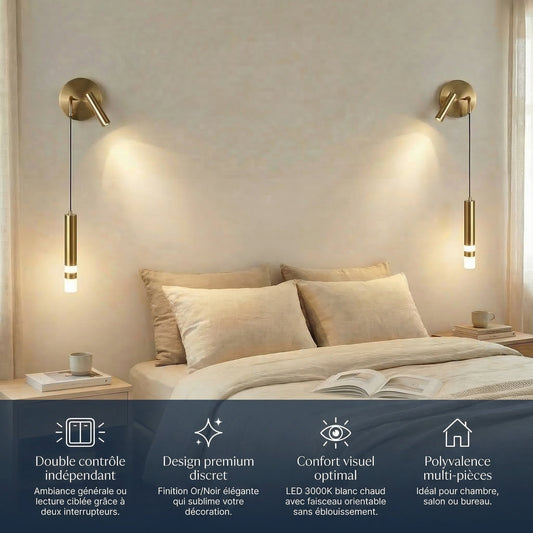 Applique Murale Design avec Liseuse Intégrée pour Chambre | Éclairage Doux et Ambiance Apaisante - Or - Maison Solenne