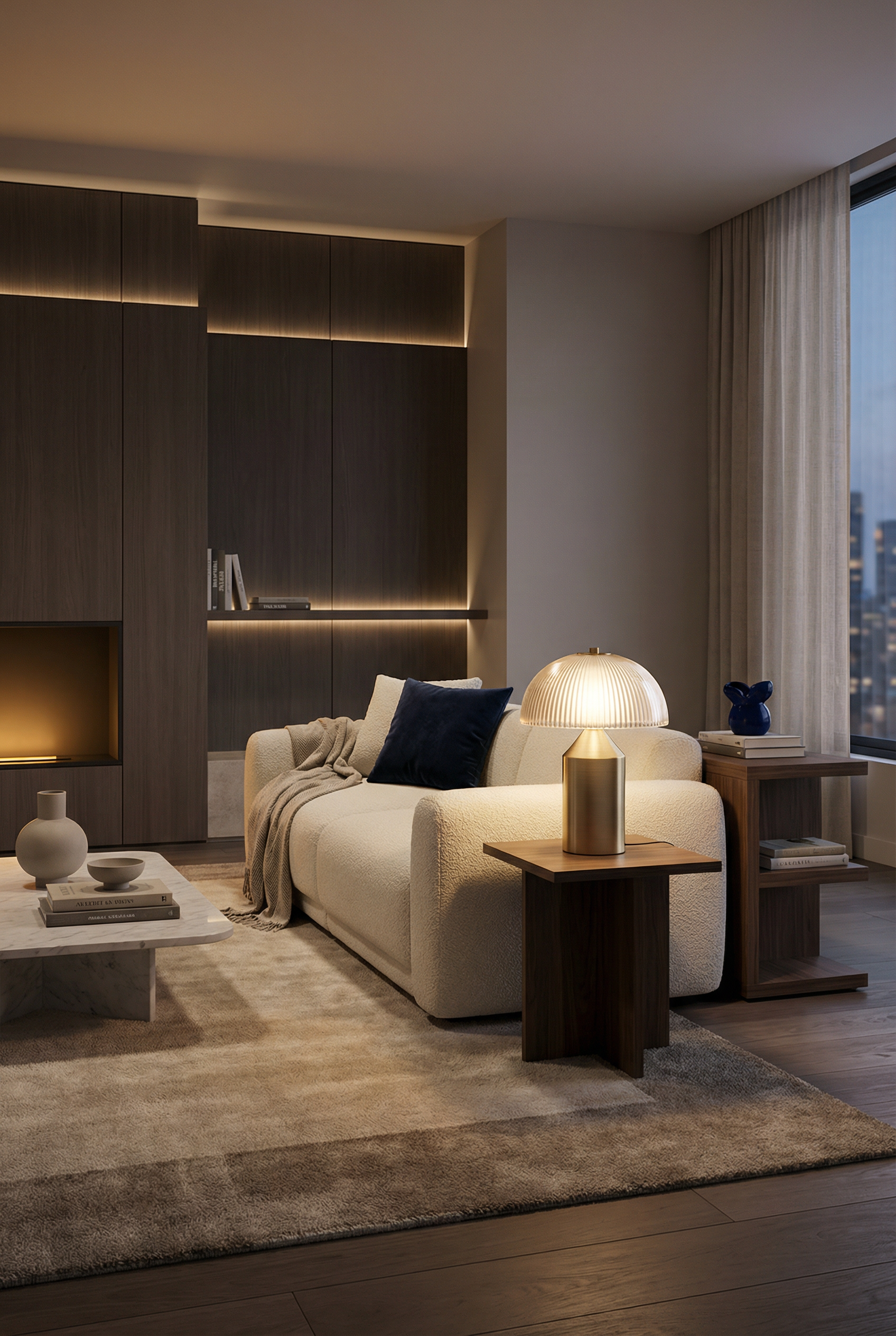 Luminaire design Maison Solenne diffusant une lumière douce dans un salon contemporain chaleureux, intérieur premium et ambiance cocooning.