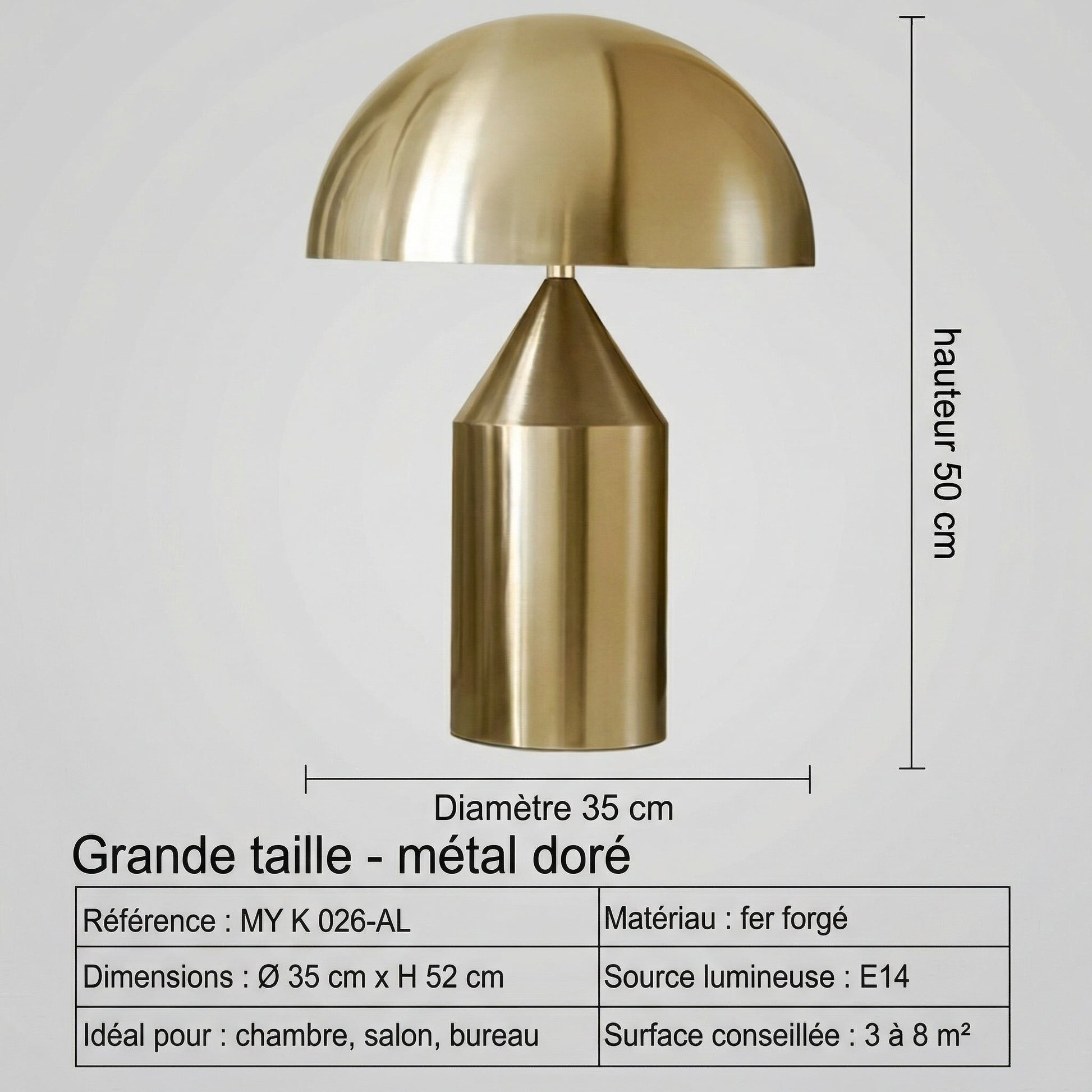 Lampe champignon doré Design en Métal avec Protection des Yeux LED - Petit (Ø 25 cm - H 35 cm) - Maison Solenne