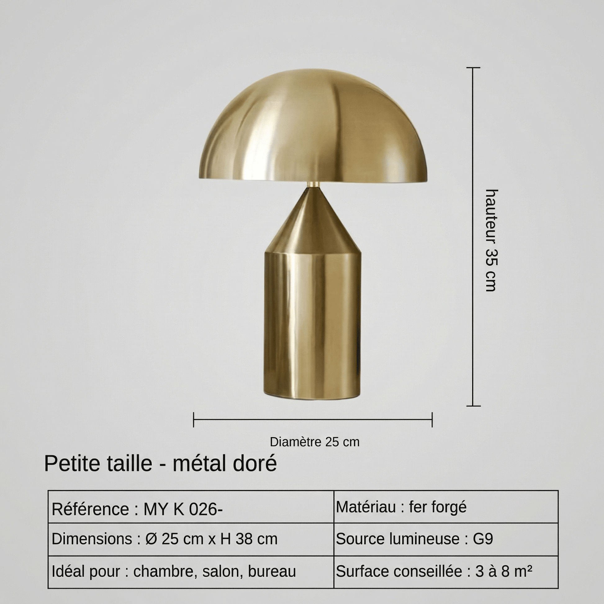 Lampe champignon doré Design en Métal avec Protection des Yeux LED - Petit (Ø 25 cm - H 35 cm) - Maison Solenne